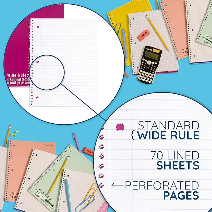 Blue Summit Wide Ruled Spiral Notebooks Bulk, 1 Subject Spiral Notebook Wide Ruled, Paper School Bulk Notebooks, 48 Pack