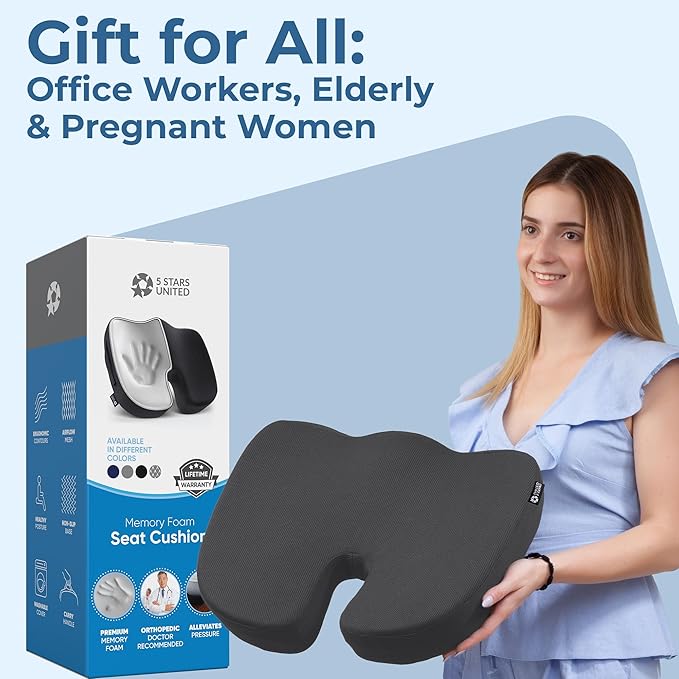 5 STARS UNITED Seat Cushion for Tailbone Pain Relief – Memory Foam Lifting Pillow for Coccyx, Hip, Hemorrhoid, Sciatica & Post-Surgery Recovery – Wheelchair, Car, Desk, Gaming & Office Chairs, D Gray