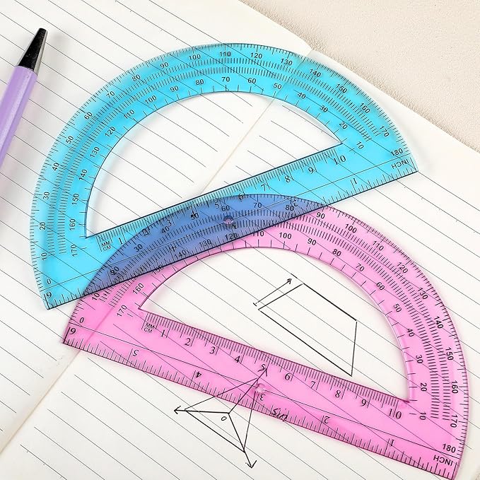 Ctosree 12 PCS Bulk Protractor - Plastic Translucent 180 Degrees 6 Inch Clear Math Protractor Set for Geometry, Angle Measurement, Office Stationery, Pink & Blue