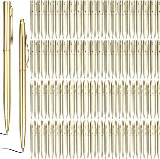 Fuutreo 150 Pack Wedding Gold Pens Bulk Gold Metal Pens Slim Ballpoint Retractable Ballpoint with Black Ink Mini Conical for Wedding Favors Guests, Office Business Teachers,1.0 mm