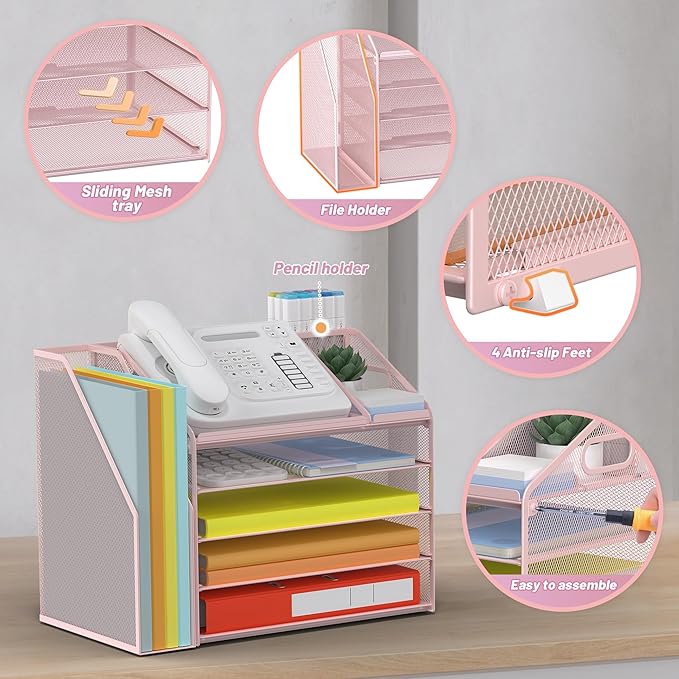 DocNest 5 Tier Paper Letter Tray File Organizer, Mesh Desk File with Handle, Workspace Desk Organizers with Pen Holder, Office Organization Storage Accessories - Pink