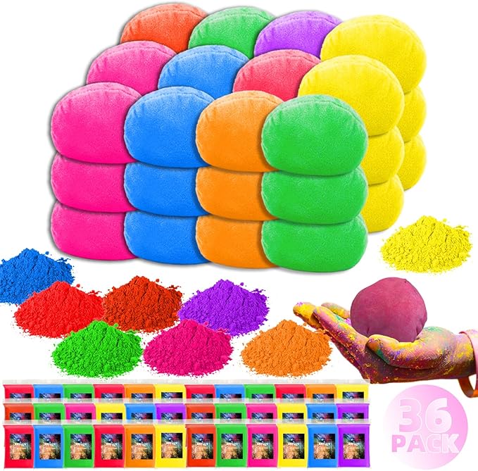 ARELUX Holi Powder Color Run Powder Balls 36 Pack 80g Each Natural, Throwing Balls of Washable Chalk Powder Paint for Color War, Rangoli, Fun Run, Party & Festival