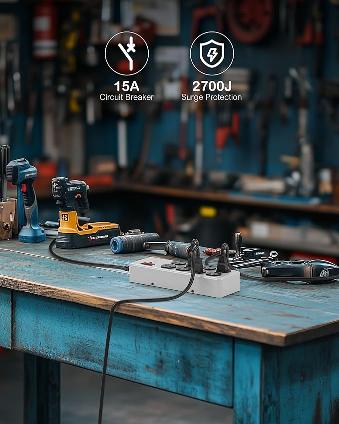 Heavy Duty Power Strip,Industrial Heavy Metal Case Surge Protector,8 AC Outlets,15Amp,2700 Joules,Protected' Indicator,14 Gauge Cord (Grey, 15FT Length)