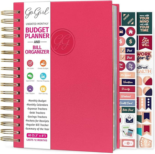 GoGirl Budget Planner & Monthly Bill Organizer – Monthly Financial Book with Pockets. Expense Tracker Notebook Journal, Compact (Hot Pink)