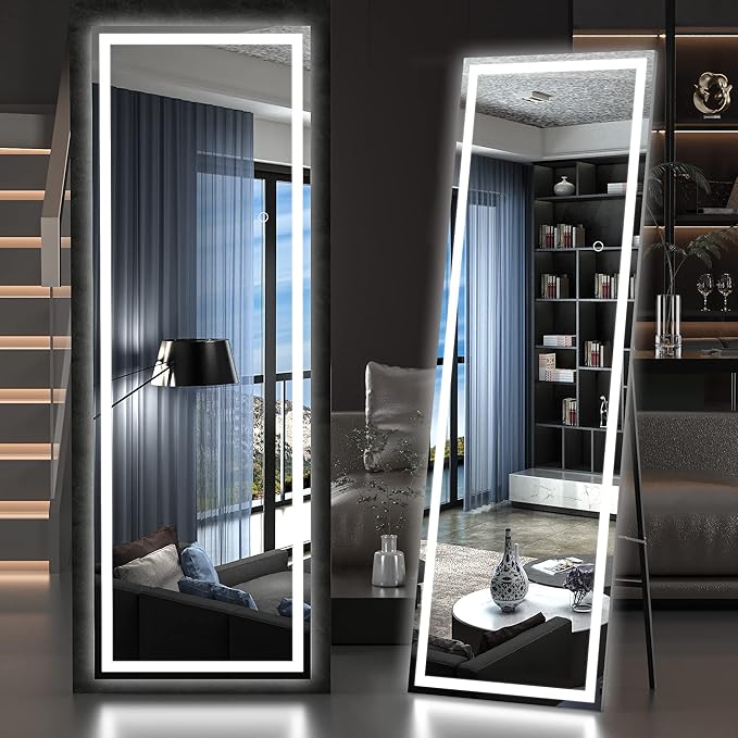 Hasipu Full Length Mirror with Lights, 65" x 20" LED Floor Mirror, Full Body Dressing Standing, Hanging Mounted Mirror for Living Room Bedroom Cloakroom, Square Black