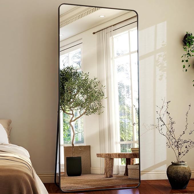 HARRITPURE 71x32 inch Rounded Full Length Mirror Aluminum Frame Black Mirror Full Length Floor Mirror with Stand for Living Room Bedroom Cloakroom