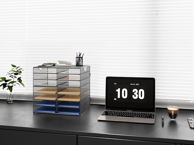 EasyPAG 14-Slot Mesh Desk File Organizer with Handle, Metal Frame Paper Tray for Classroom/Office/Home - Easy Assembly, Durable Tiered Sorter & A4/Letter Size, Silver