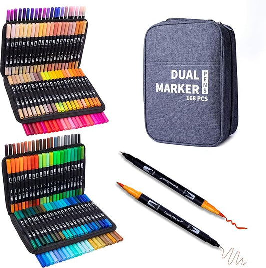 Dual Markers Brush Pens, 168 Colors Art Marker Set with Brush and Fine Tips – Premium Art Supplies for Kids & Adults, Perfect for Coloring Books, Hand Lettering, Calligraphy, and Drawing