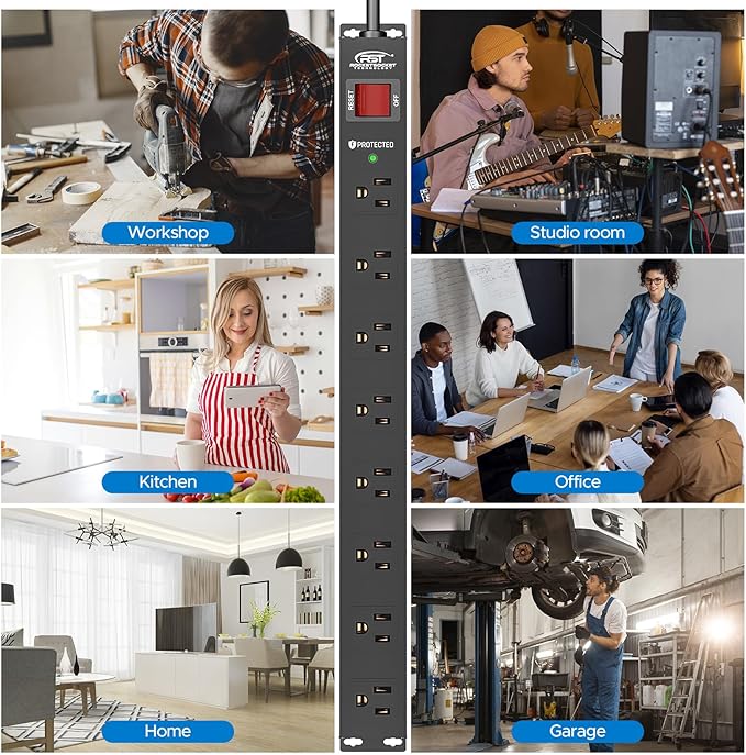 CRST 8 Outlet Metal Heavy Duty Power Strip, 2100J Surge Protector, 6FT Cord Mountable Wide Spaced Industrial Power Strip,15A/1875W