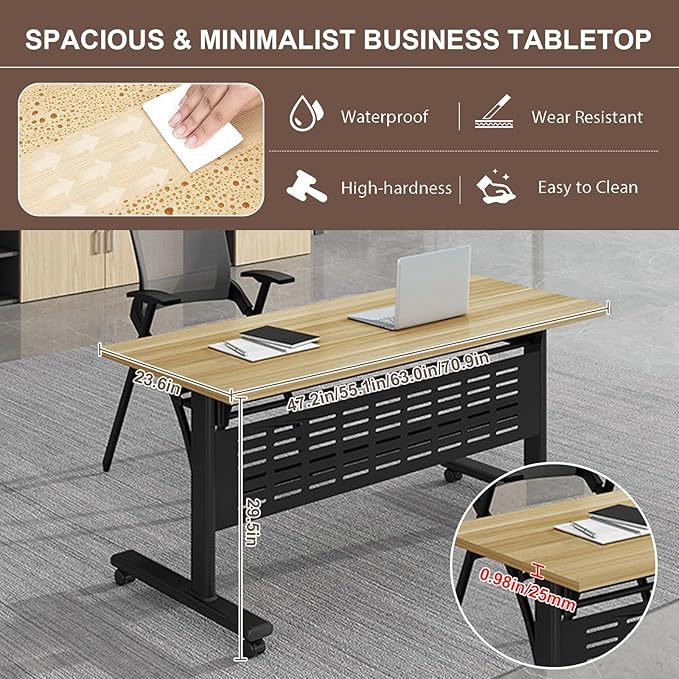 Folding Conference Room Table, Modern Conference Tables with Wheels, Large Rectangular Mobile Training Tables for Office Classroom, Foldable Modular Boardroom Seminar Table Maple (10pack L55.1in)