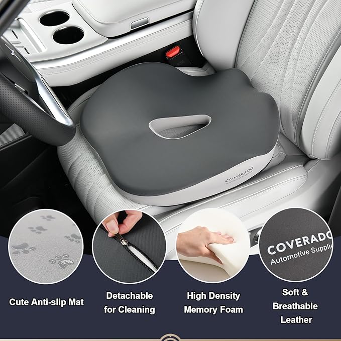 Coverado Car Seat Cushion for Car Seat Driver/Passenger, Memory Foam Seat Cushions for Office Chairs, Tailbone Pain Relief Cushion, Sciatica & Back Support Black&Gray