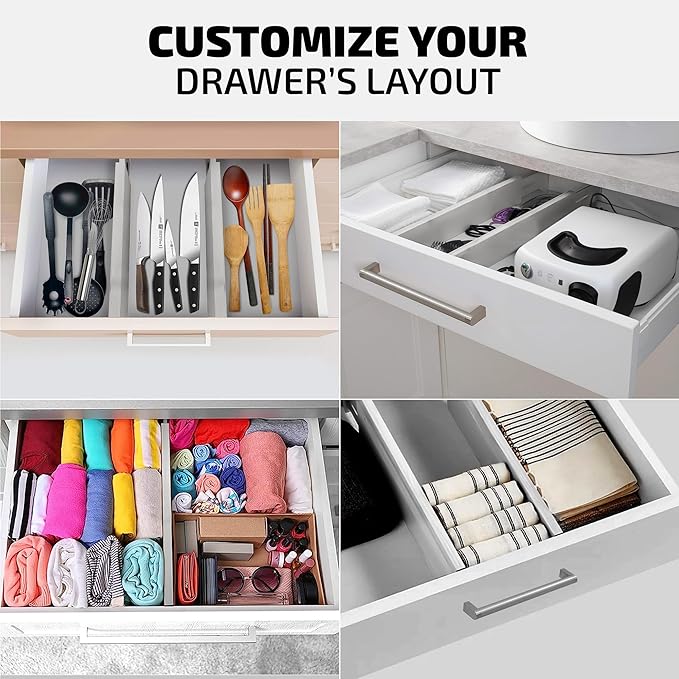 4 Pack Drawer Divider - Bamboo 2.6" High, 12.5-17" Adjustable Drawer Organizers for Clothes, Expandable Dresser Separators in Bedroom/Bathroom/Kitchen/Office Organization and Storage (Grey)