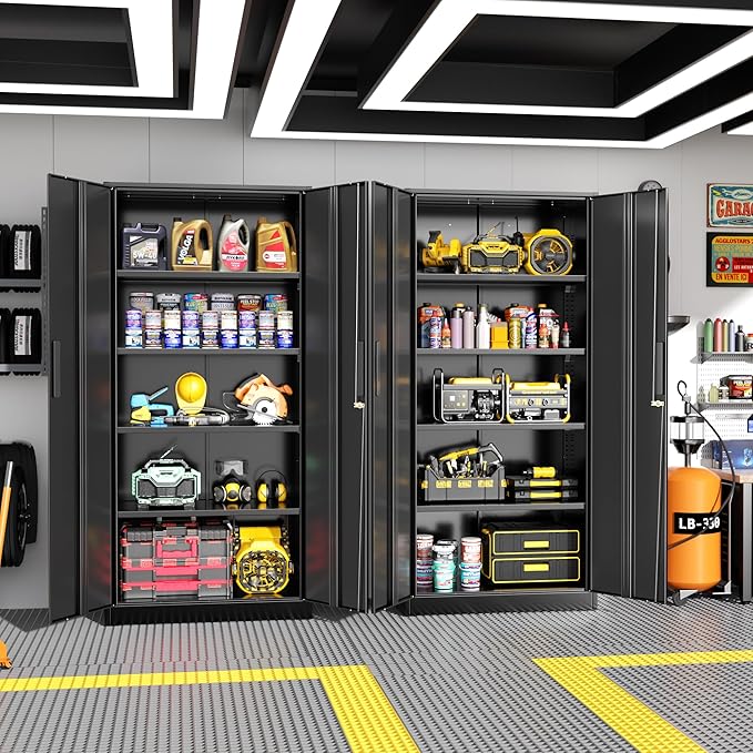 Greenvelly Metal Storage Cabinet with Lock, 72” Black Garage Storage Cabinet with Doors and Shelves, Tall Lockable File &Tool Cabinet for Home Office, Metal Classroom Cabinet Basement