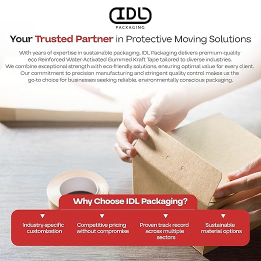 IDL Packaging 3" x 375 feet Reinforced Water-Activated Kraft Gummed Tape 70lb Thickness (Pack of 4) - Secure Paper Packing Tape for Secure Carton Sealing - Heavy-Duty for All Conditions, Brown