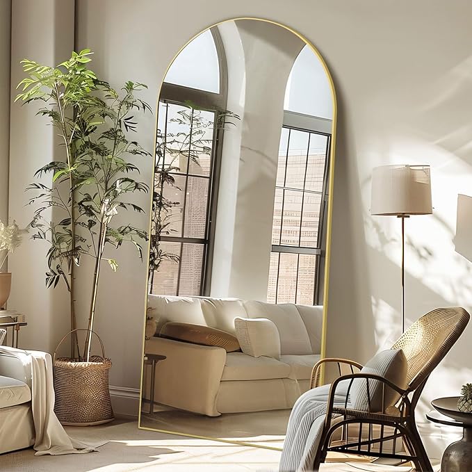 Arched Full Length Mirror, 71"X32" Free Standing Mirror Full Length, Large Floor Mirror with Stand for Bedroom Living Room Gym, Hanging or Leaning, Tempered Glass, Gold