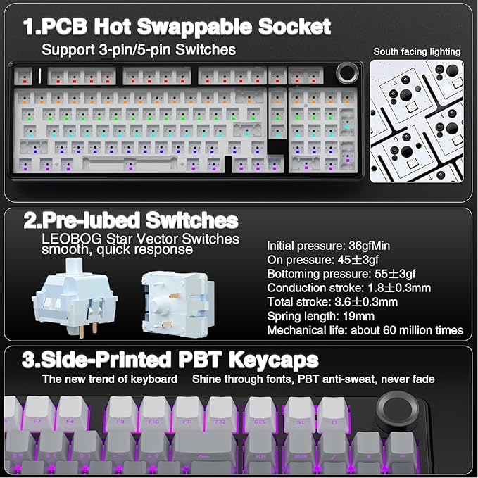 AULA F99 Pro Wireless Mechanical Keyboard with Knob,Tri-Mode BT5.0/USB-C/2.4GHz Hot Swappable Keyboard,Pre-lubed Switches,RGB Backlit PBT Keycaps Computer Gaming Keyboards (Side Printed Black)