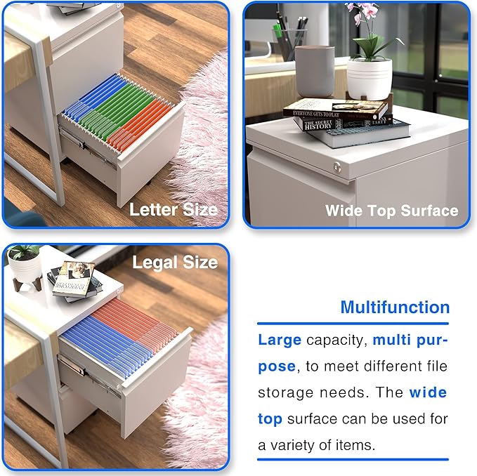 Aobabo 2 Drawer File Cabinet with Lock,Metal Filing Cabinet with Wheels for Home Office & Business Enterprise, Legal/Letter Size, Fully Assembled Except Wheels, White