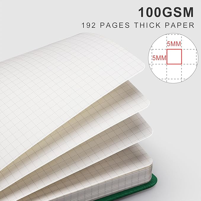 EMSHOI Graph Paper Notebook, 8.5" x 11" Hardcover Leather Journal for Women Men, 192 Pages 100 GSM Grid Paper A4 Large Journals for Writing, Graph Notebook for Work, Graphing, Engineering, Dark Green