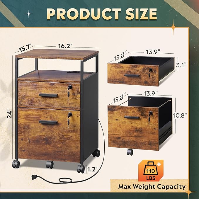 DEVAISE 2 Drawer File Cabinet with Lock and Charging Station, Wood Filing Cabinet fits A4 or Letter Size, Mobile Printer Stand with Open Storage Shelf for Home Office, Rustic Brown