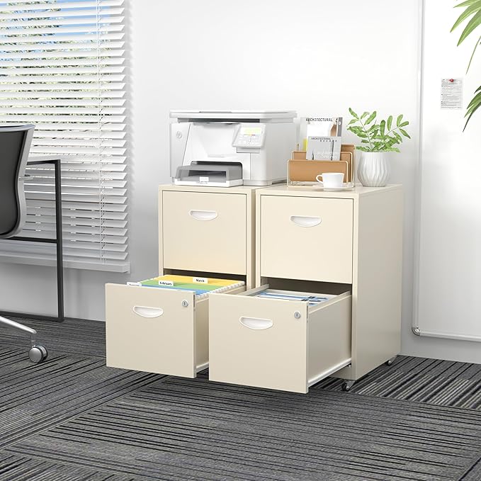 2 Drawer File Cabinet with Lock，Cream Rolling File Cabinet for Home Office, Metal Small Mobile Filing Cabinets on Wheels for Hanging Letter