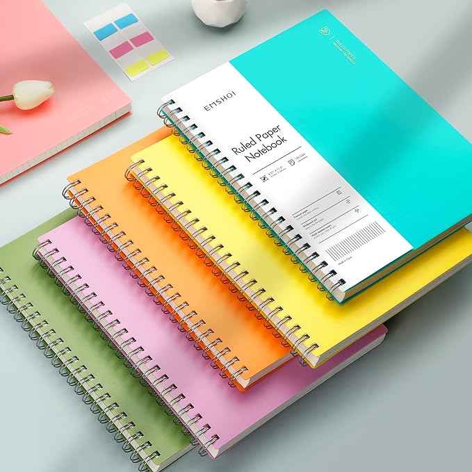 EMSHOI A4 Spiral Notebook College Ruled Lined Journal, 11.2" x 8.27", 300 Pages, 100gsm Thick Paper, Waterproof Softcover, Twin-Wire Binding, Sticky Notes, Purple