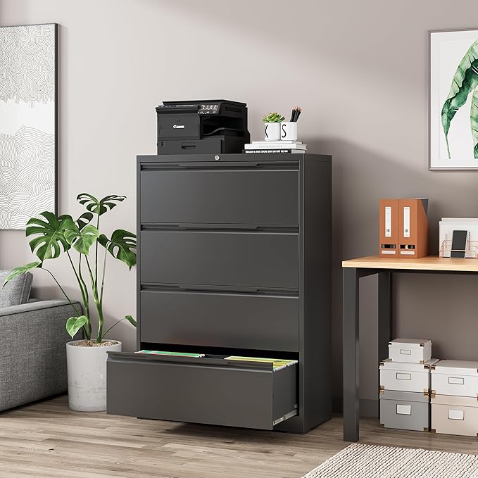 File Cabinet, 4 Drawer Metal File Cabinet with Lock, Lateral File Cabinet for Home and Office, Lateral File Cabinet for A4 Legal/Letter Size, Assembly Required (Black, 4 Drawer)