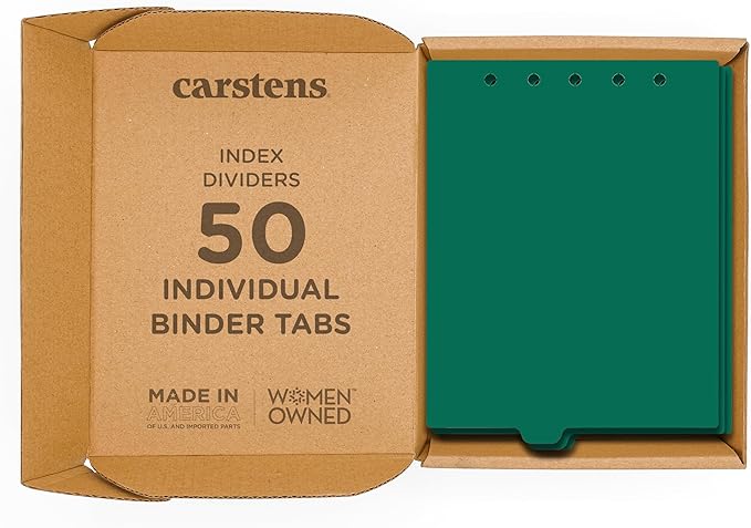 Carstens - Heavy Duty Plastic Ring Binder Dividers, Bottom Tab, 1/9 Cut, Tab 4 Position, US Letter, Green, Case of 50, (2619-04CS) - Ideal Medical Chart Dividers or Index Tabs for 3 Ring Binders