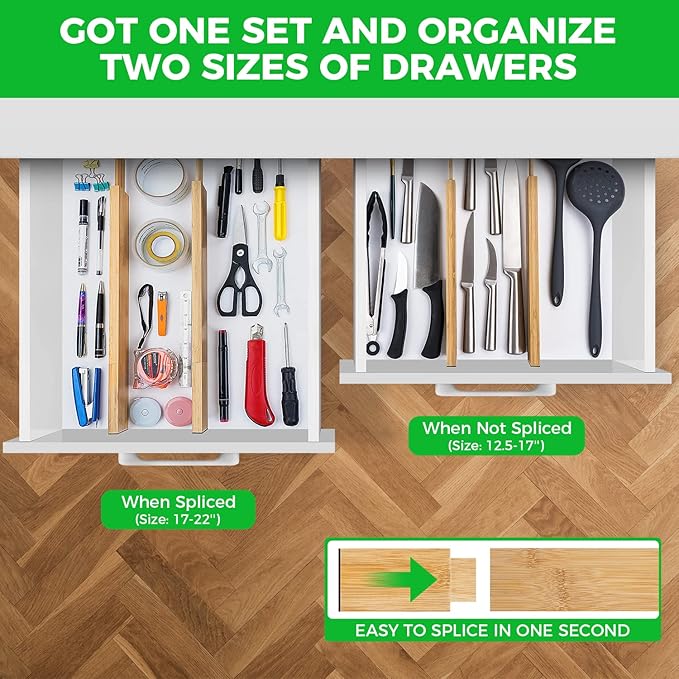 Bamboo Drawer Dividers Organizer with Inserts, Expandable from 12.5-21.7", Adjustable Drawer Organizer Separators for Utensils, Dresser, Bedroom, Bathroom, Closet, Clothing, Office (Beige)