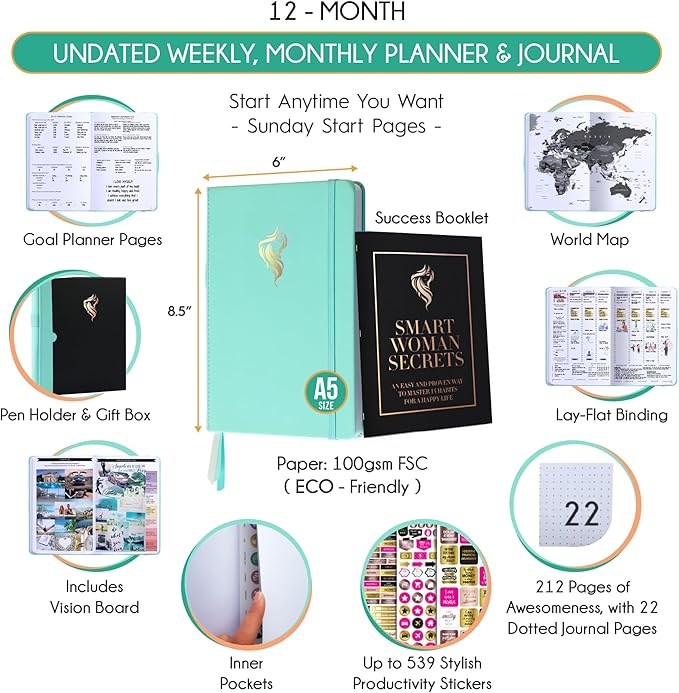 Hourly Planner - Undated Daily, Weekly & Monthly Planner with Budget Section | A 12 Month Journey to Increase Productivity & Happiness | Life Organizer & Gratitude Journal - Vertical Format