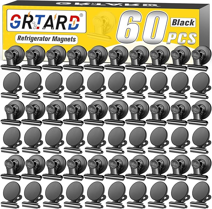 Grtard 60 Pack Magnetic Clips Heavy Duty, Black Magnet Clips for Fridge, Refrigerator Magnets, Strong Magnetic Clip, Scratch Free Magnets with Clip for Whiteboard, Refrigerator, Cruise, Locker