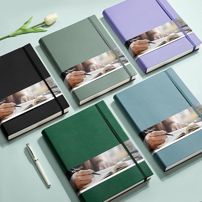 EMSHOI B5 College Ruled Notebook Journal - 400 Pages (200sheets), 7mm Spacing & Vegan Leather Cover for Work, School, Bible Study, Bullet Journaling - with Sticky Notes, Pocket & Pen Holder- Green