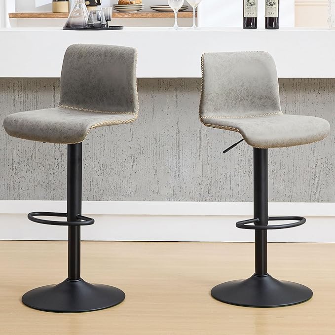 HeuGah Swivel Bar Stools Set of 2, Adjustable Counter Height Barstools with Back, Gray Faux Leather Bar Chairs for Kitchen Island (Gray, Set of 2 (24'' to 32''))