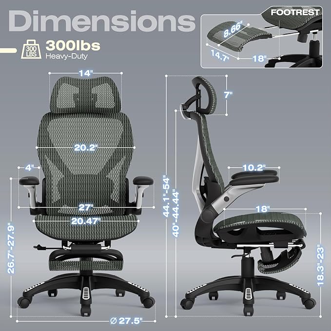 ELABEST X100 Ergonomic Office Chair with Footrest, Big and Tall Home Desk Chair with 5D Flip-Up Arms, Adjustable 6D Lumbar Support,High Back Rolling Computer Chair, Swivel Mesh Chairs (Forest Ranger)
