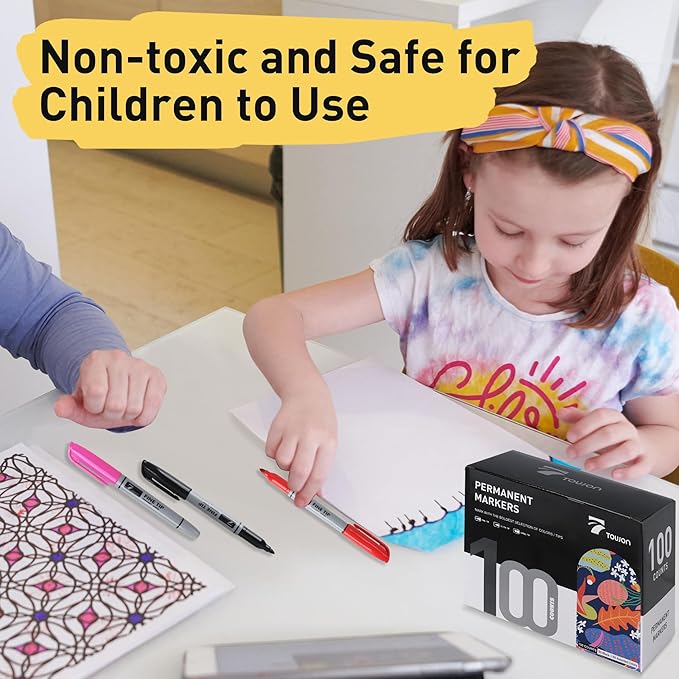 100 Permanent Markers Bulk - 50 Assorted Colors + 50 Black Drawing Marker Pens Set, Waterproof Quick Drying Colored Art Markers for Classroom Office School Store Supplies