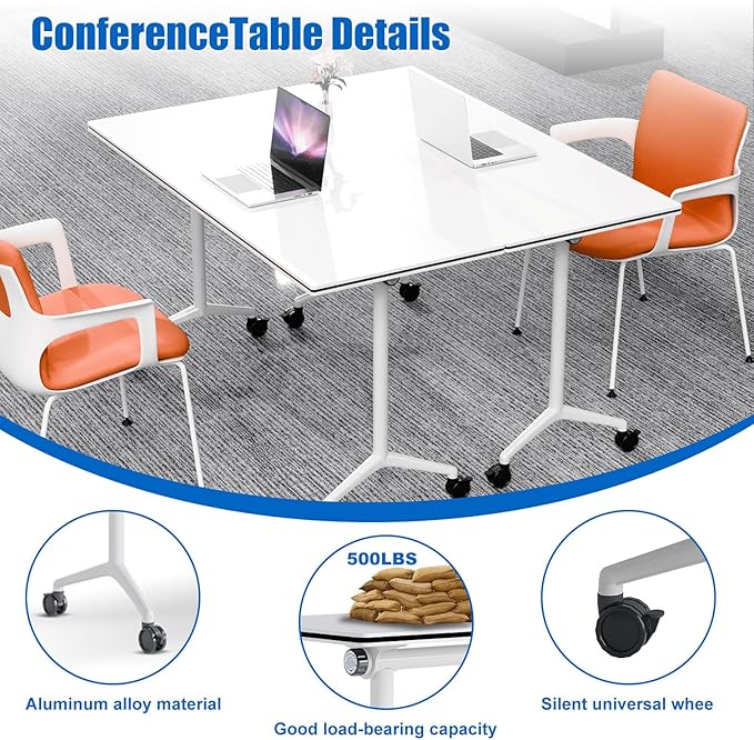 Conference Table, Folding Conference Desk Modern White, Seminar Table with Wheels, 2-10 People for Office, Meeting Break Room (4, 1915, 55IN)