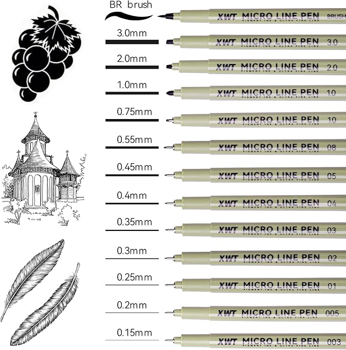 12+1 Fineliner Drawing Art Pens, Black Waterproof Pigment Ink Set for Artists, Sketching, Manga, Watercolor, Calligraphy, and Detail Outlining Archival Quality Inking Markers