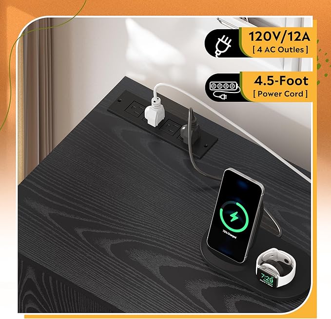 DEVAISE File Cabinet with Charging Station, 1-Drawer Lateral File Cabinets with Lock for Home Office, Wooden Rolling Printer Stand with Shelves, Black