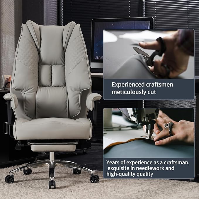 Big and Tall Office Chair 400lbs Wide Seat, Leather High Back Executive Office Chair with Foot Rest, Ergonomic Chairs Lumbar Support for Lower Back Pain Relief (Light Grey)
