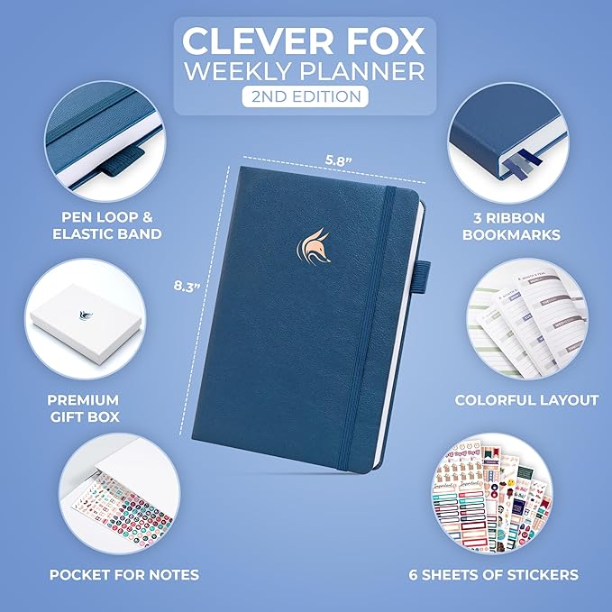 Clever Fox Planner 2nd Edition – Colorful Weekly & Monthly Goal Planner, Time Management & Productivity Organizer, Undated, A5 (Mystic Blue)