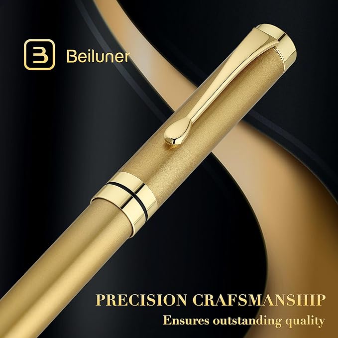 BEILUNER Ballpoint Pens, Stainless Steel with Chrome Trim, Luxury Golden Metal Pen Set, Best Ball Pen Gift Set for Men & Women, Professional, Executive, Office, Fancy Pens-Nice Box with Extra Refill