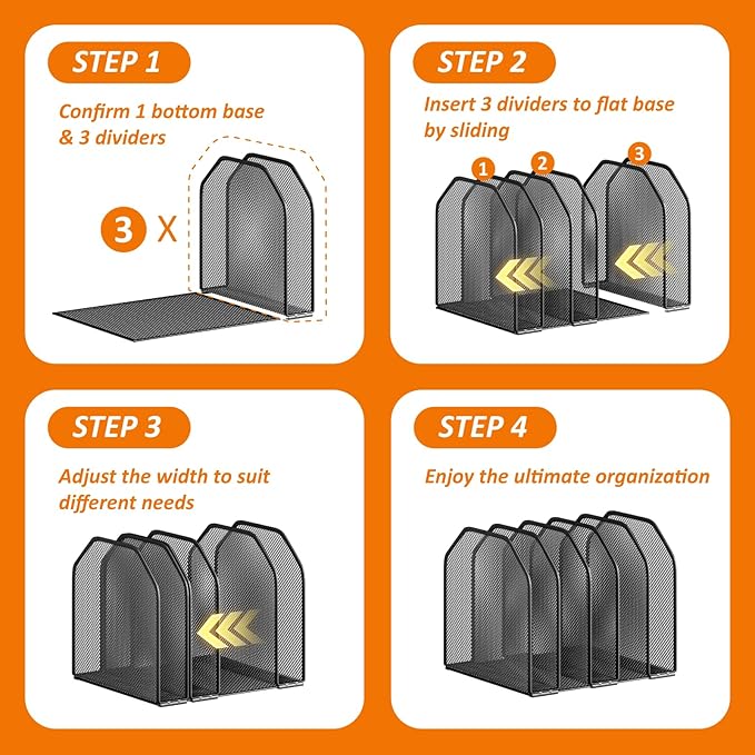 Desk File Organizer, Adjustable 5 Sections Upright Desktop Organizer File Sorter, Sturdy Metal Mesh Vertical Bookshelf File Holder Workspace Accessories for Home,School,Office Classroom,Black