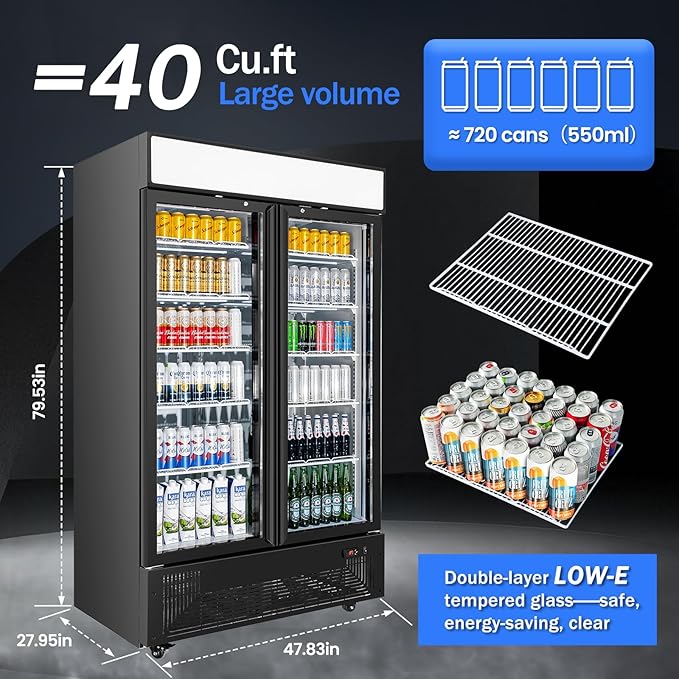 Commercial Merchandiser Display Refrigerator 40 Cu.ft. with 2 Glass Doors ETL Drink Cooler Beverage Fridge for Bars,Restaurants, Convenience Stores, Supermarkets and Offices
