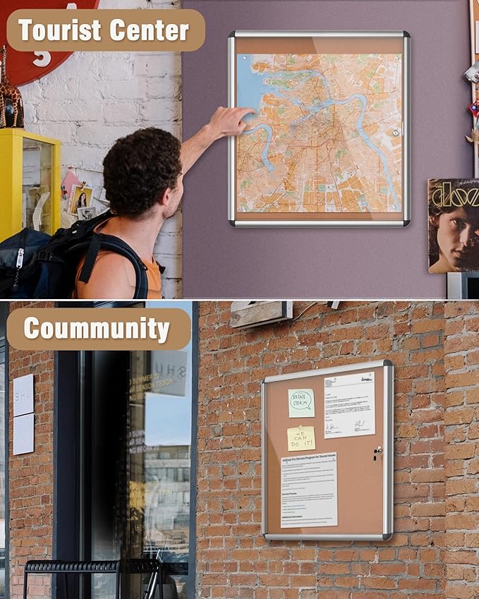 28"x26" Enclosed Bulletin Board, Lockable Weather-Resistant Aluminum Cork Noticeboard for School & Office, Silver Frame w/Cork