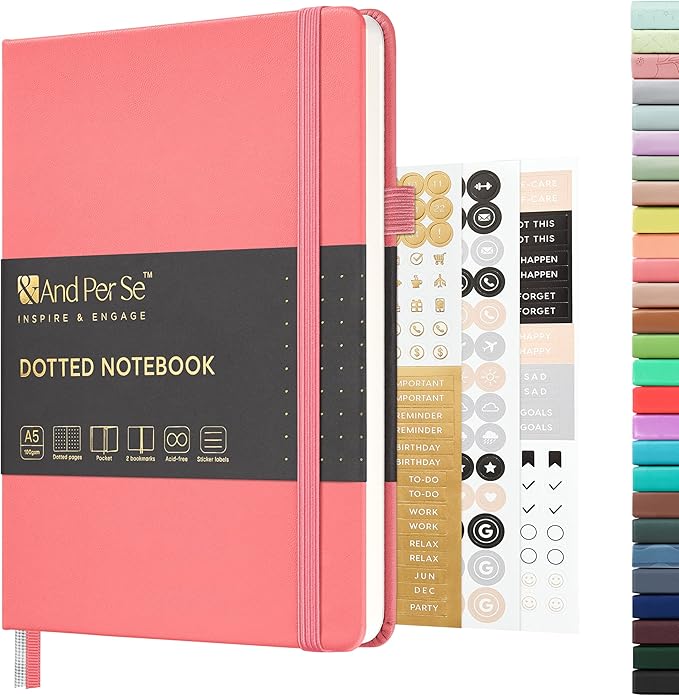 &And Per Se Dotted Journal Notebook, A5 Hardcover Leather Bullet Dotted Journal, 160 Pages 100GSM Thick Paper, 3 Sheets of Stickers Included - 5.7'' x 8'' (Rose pink)