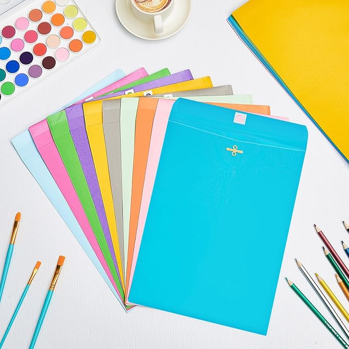 Geyee 100 Pcs Clasp Manilla Envelopes 9 x 12 Inch Gummed Colored Envelopes for Storing or Mailing for Home Office Business Supplies(Colorful)