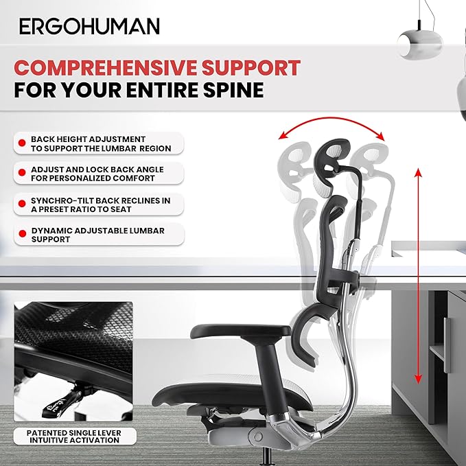 Ergohuman Eurotech ME7ERG GEN2 High Back Mesh Office Chair with Tilt Tension Control, Tilt Lock, Back Angle, Back Height, Synchro Tilt, Seat Height, Seat Depth, and Arm Height Adjustments, Grey