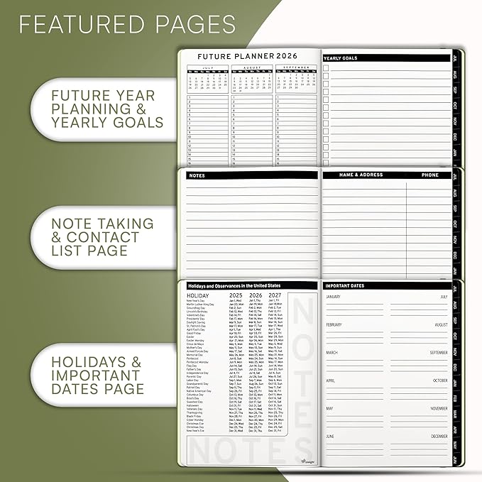 Ensight 2025-2026 HARDCOVER Leather Planner Weekly & Monthly - 8.5x11 Inches - Academic Planner Business Personal or Student - Pen Holder, Thick Paper, July 2025 - June 2026 (Olive Green)