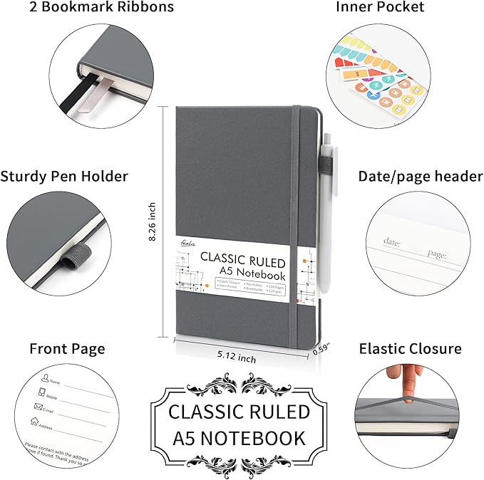 feela 3 Pack Notebooks Journals Bulk with 3 Black Pens, A5 Hardcover Notebook Classic Ruled Lined Journal Set with Pen Holder for Work Business Journaling Note Taking, 120 GSM, 5.1”x8.3”, Gray