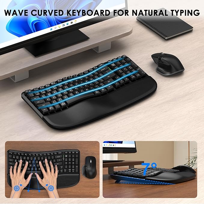 Ergonomic Keyboard and Mouse Combo, Bluetooth/2.4G Wireless Ergo Wave Curved Keyboard with Cushioned Palm Rest and 6 Levels DPI Adjustable Silent Mouse, Multi-Device for Windows/Mac/Android