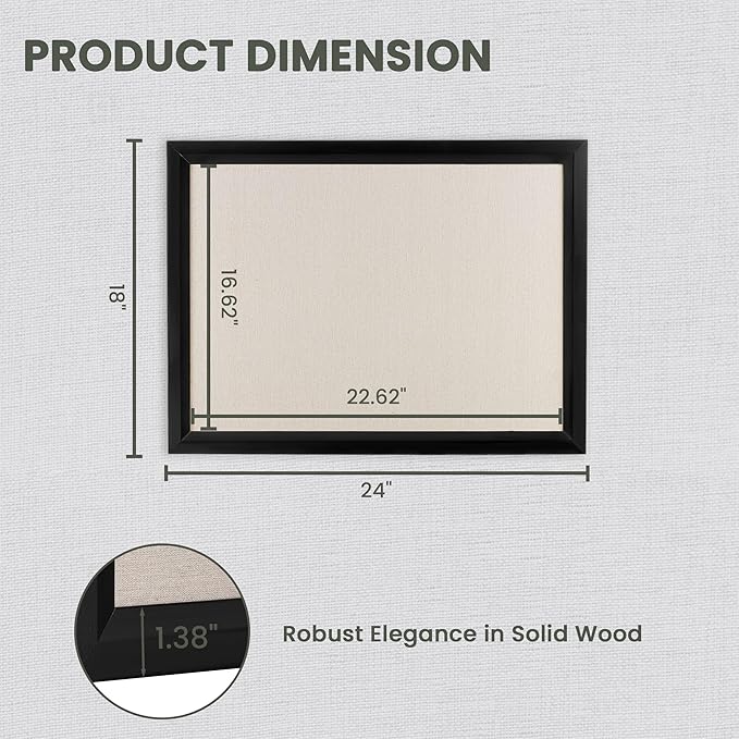 Bulletin Board Cork Board with Linen, 100% Wood Framed 18" x 24" Bulletin Board Decorations, Pin Boards for Walls, Wall Mounted Fabric Picture Board with 10 Pushpins for School, Home & Office, Black
